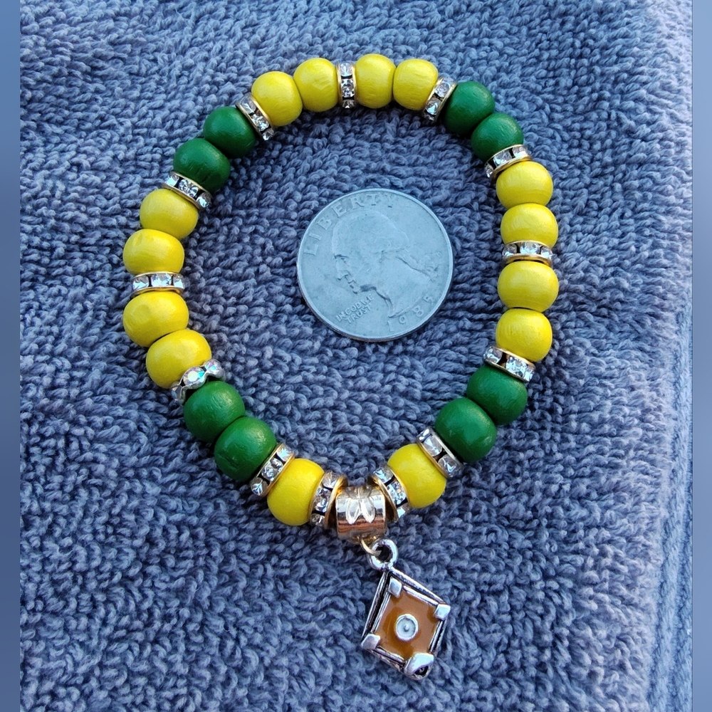 Yellow and Green Beaded Bracelet with Vintage Baseball Diamond Charm